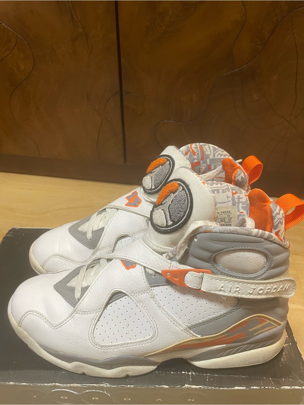 Air Jordan 8, white and stealth-orange